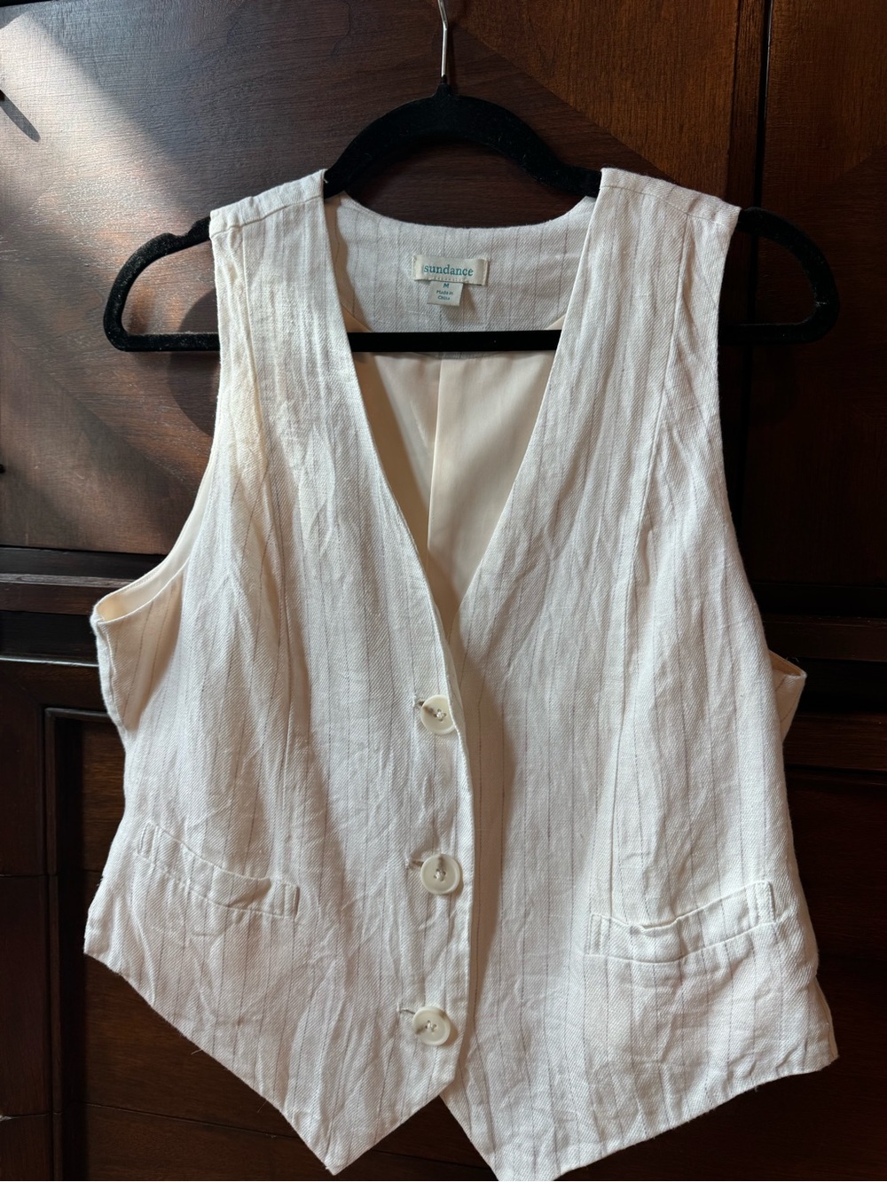 Sundance Cream Linen Button Front Pinstripe Vest Size Medium